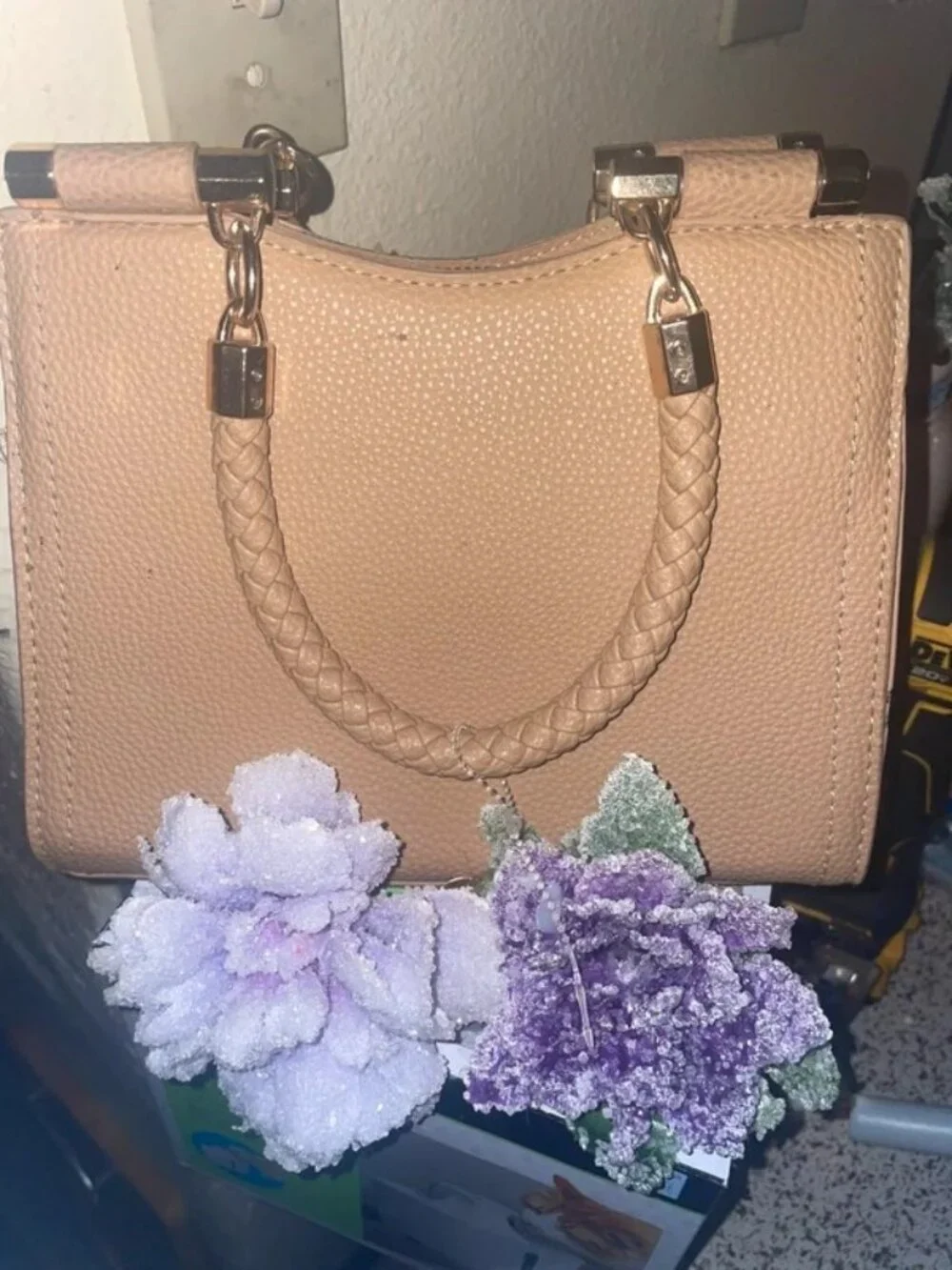 bebe Beige Textured Crossbody Bag with Gold Hardware
